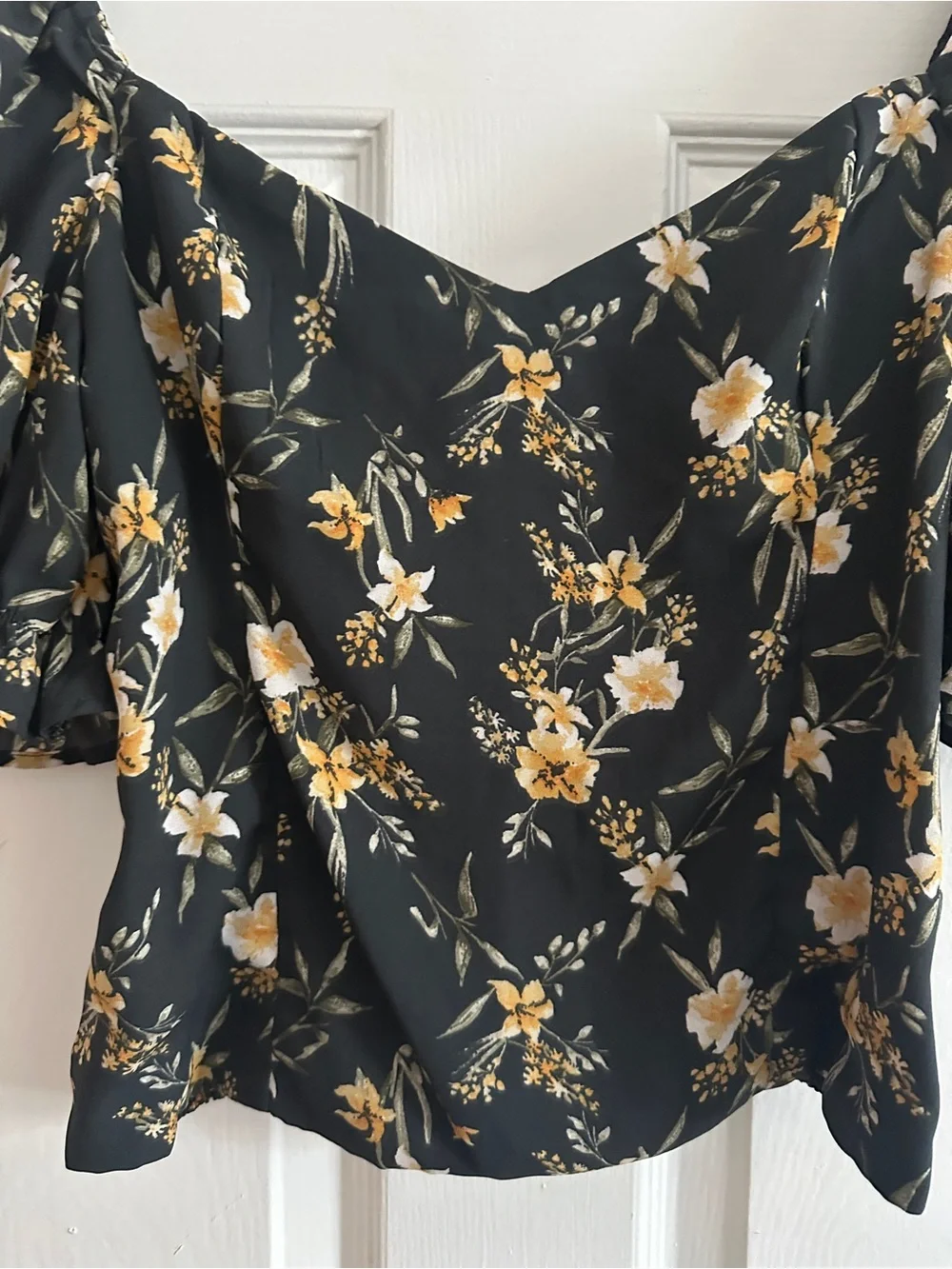 Abercrombie & Fitch Black Floral Puff Sleeve Top with Yellow Accents
